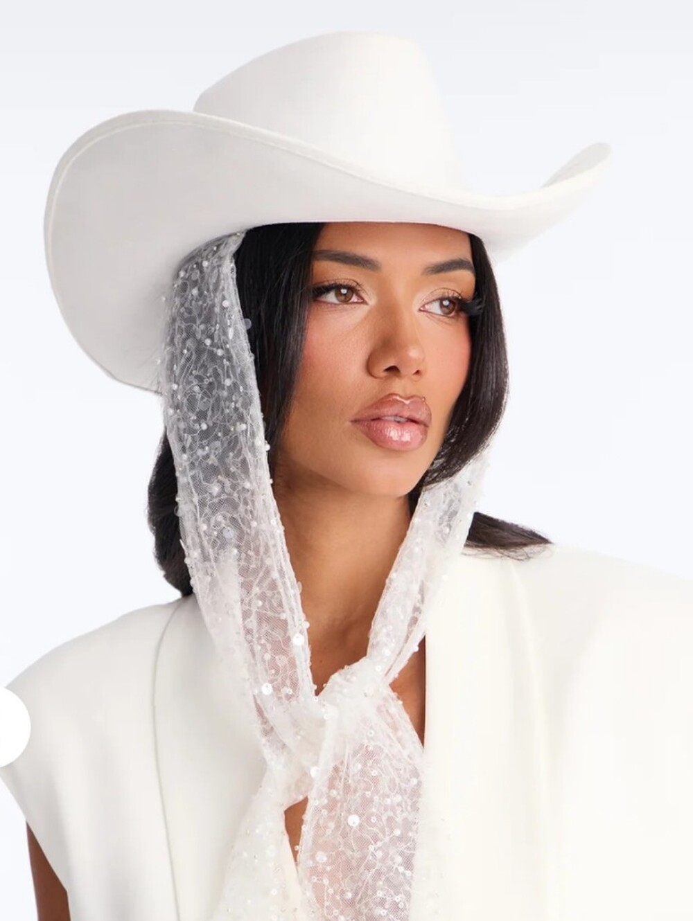 White Cowboy Hat with Veil - Picture 4 of 5